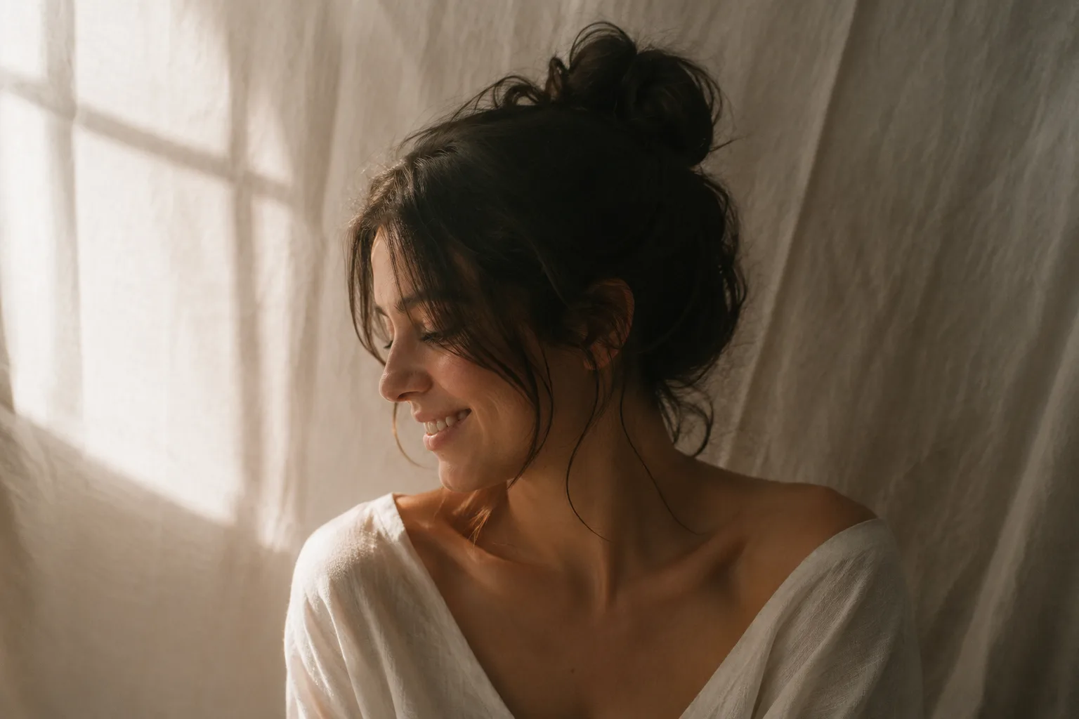 Moment volé entre deux prises, sourire esquissé et épaules relâchées