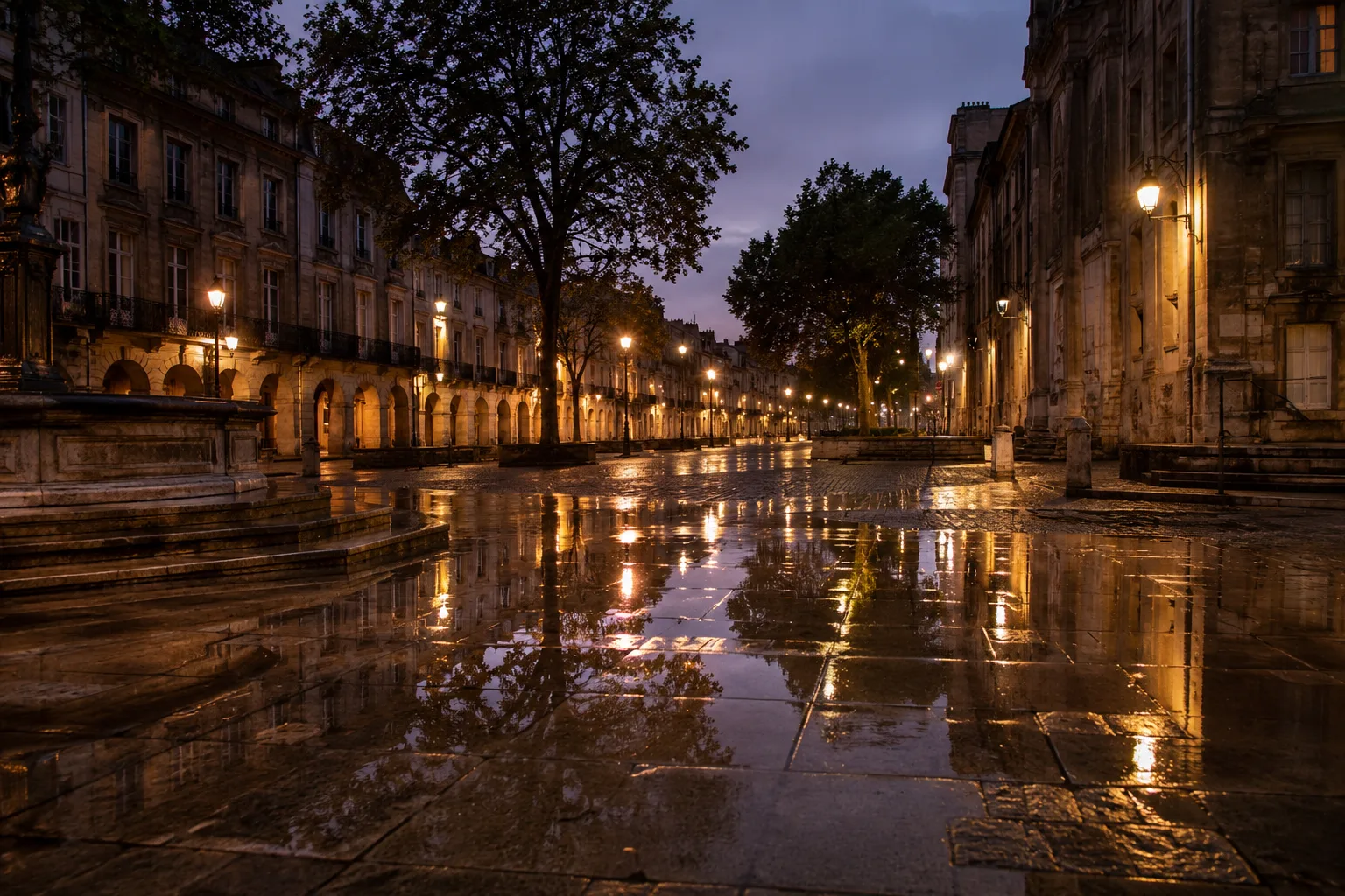 Place pavée détrempée reflétant les lampadaires au crépuscule