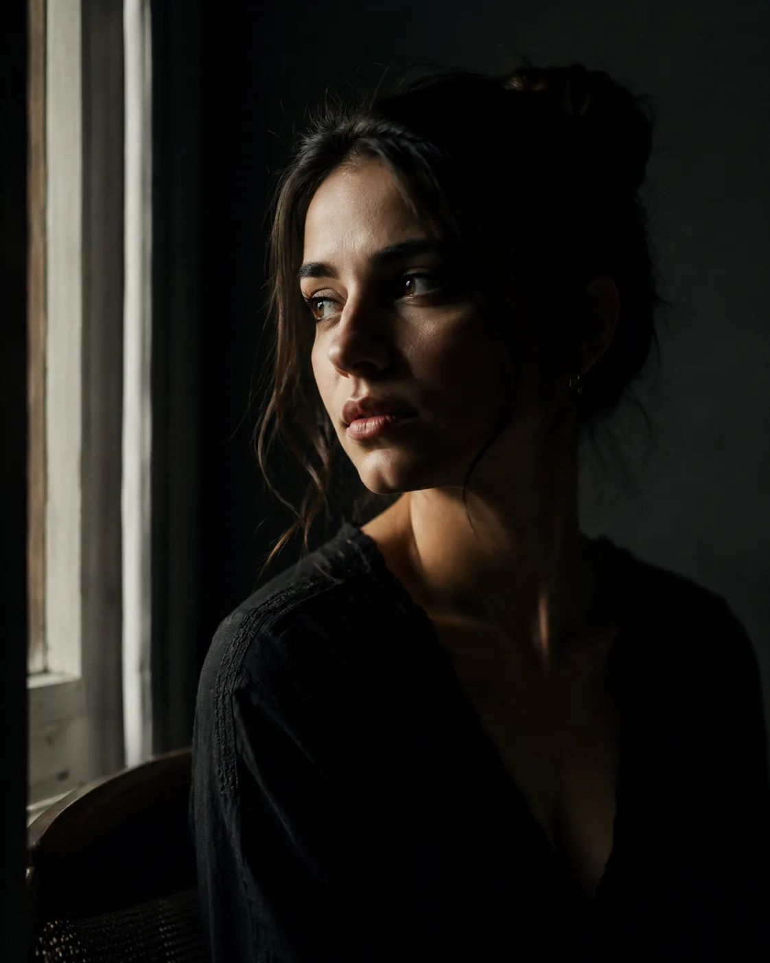 Portrait en clair-obscur d'une femme tournée vers une fenêtre, la moitié du visage dans l'ombre
