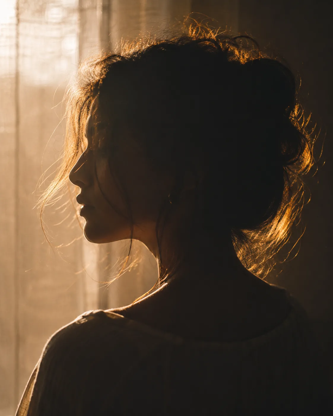 Portrait en contre-jour, cheveux dessinés par un halo de lumière dorée
