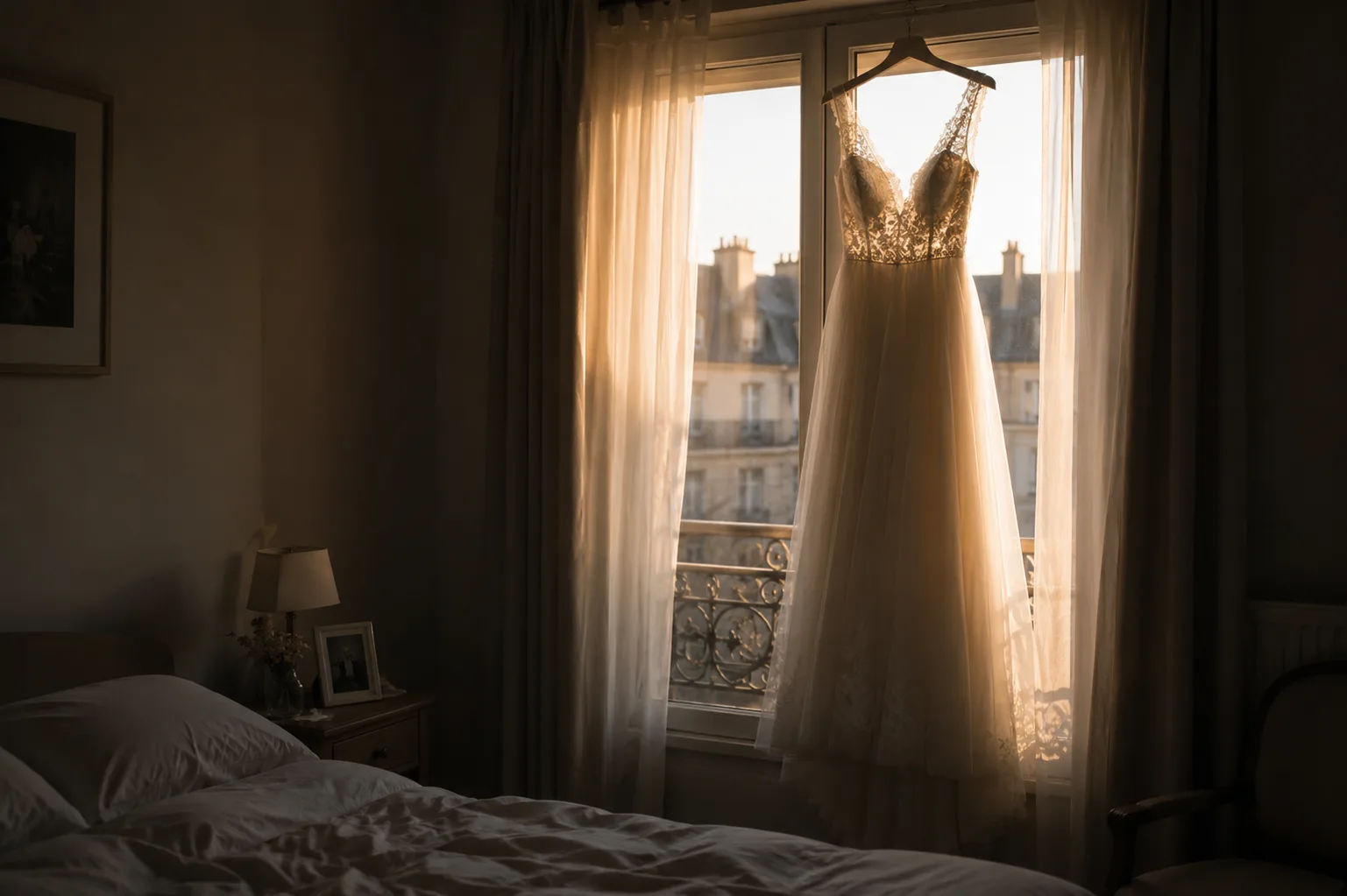 Robe de mariée suspendue devant une fenêtre, lumière ivoire du matin