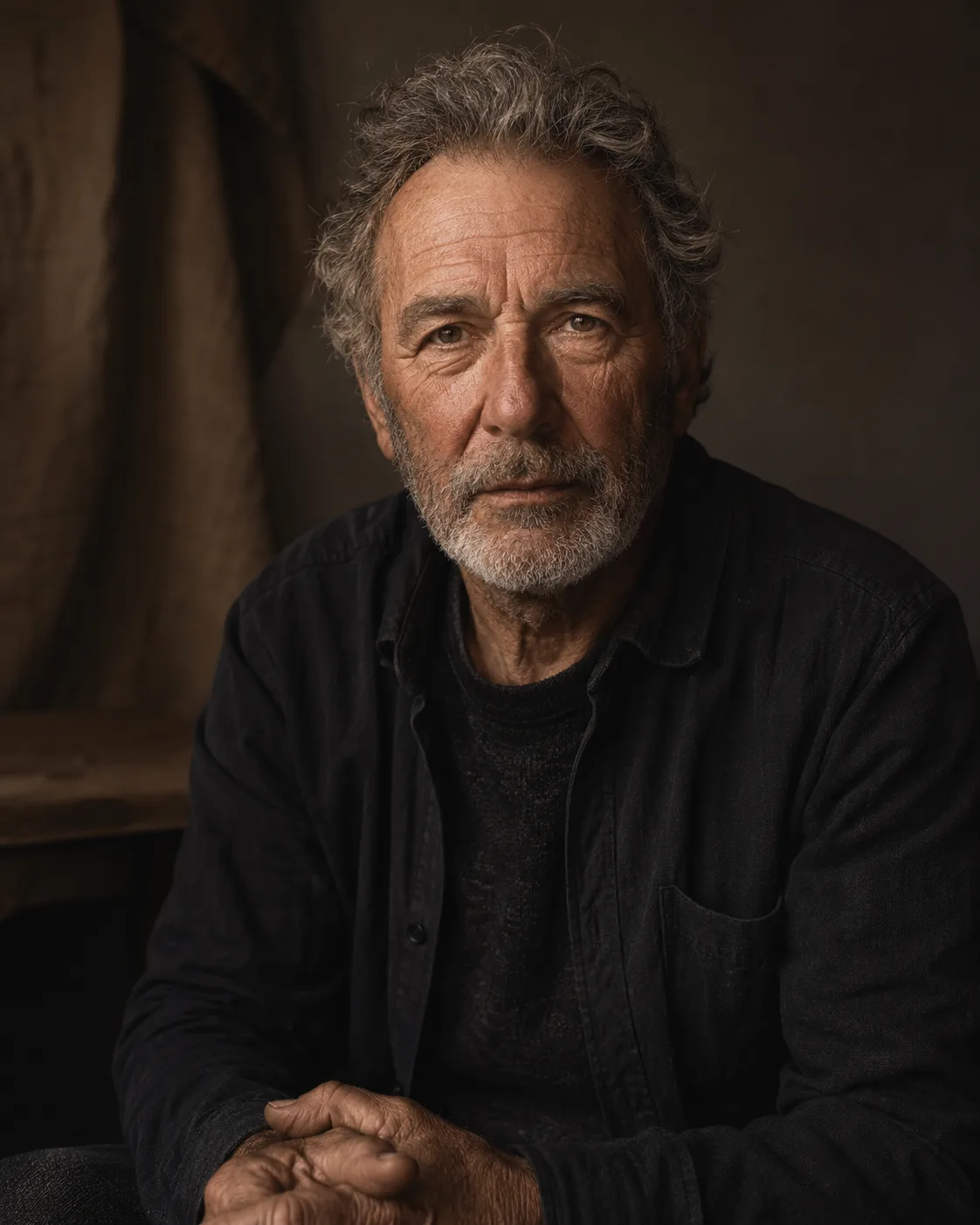 Portrait d'un homme âgé au regard direct, fond sombre et neutre