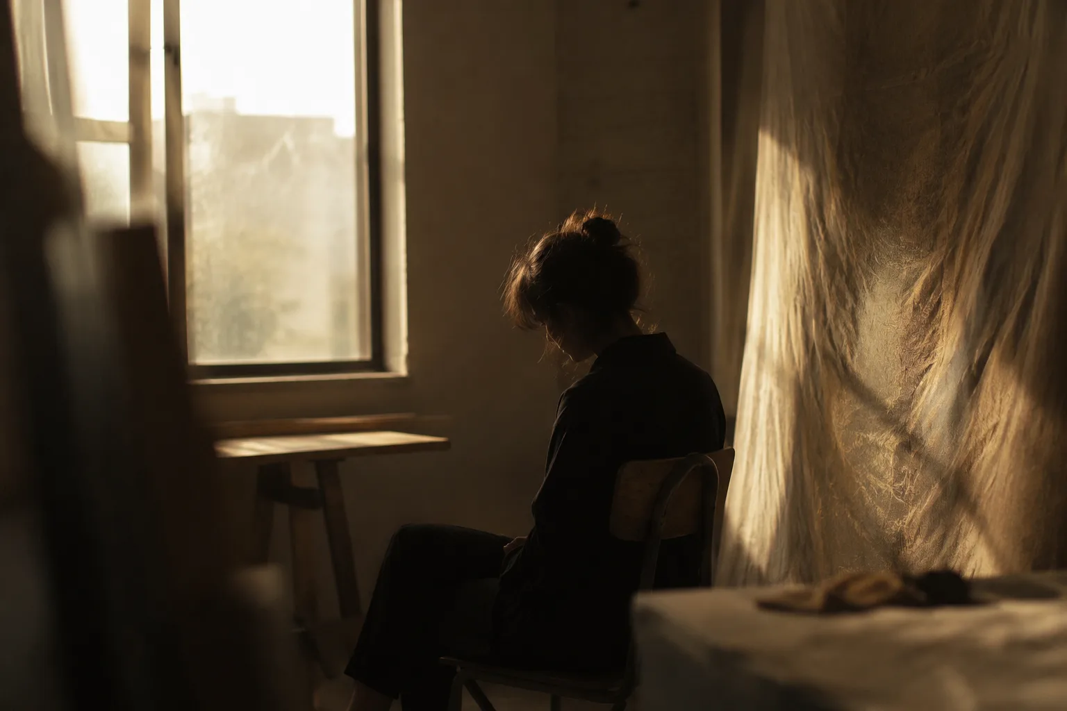 Silhouette assise dans un atelier baigné d'une lumière chaude et rasante